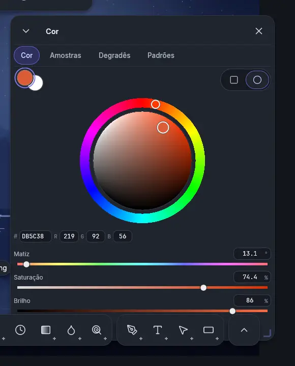 A roda de cores do {{name}}: o dedo percorre o anel de matiz e depois escolhe saturação e brilho no disco.